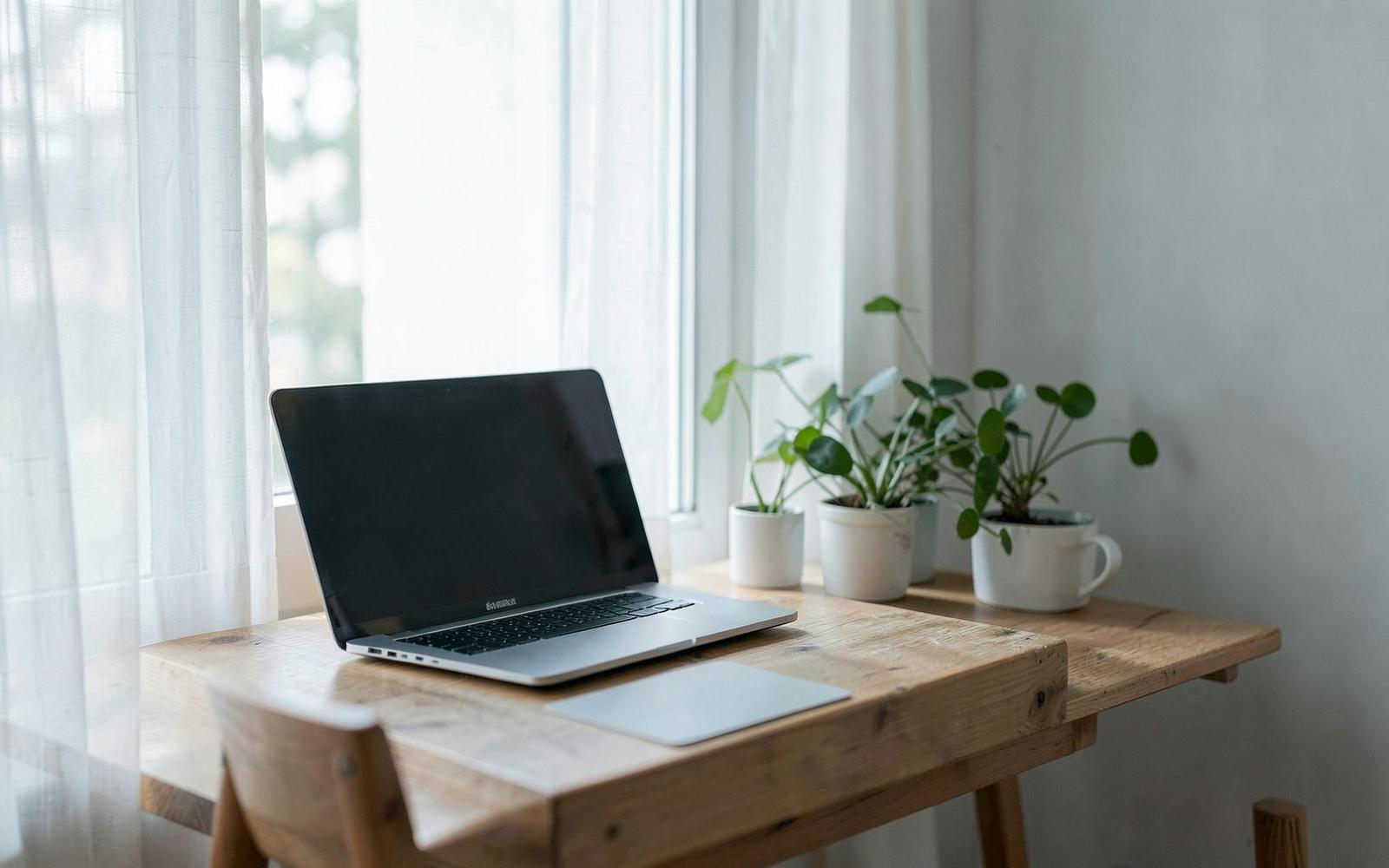 A laptop and coffee on a simple table beside an open window